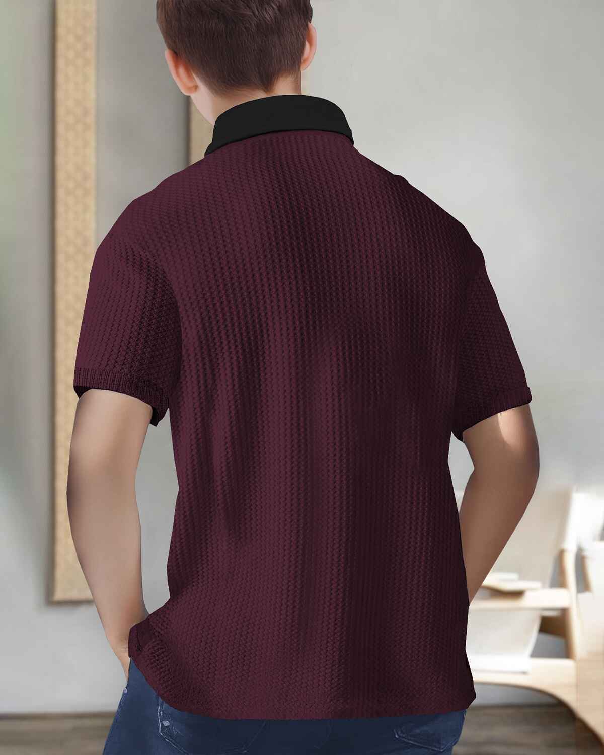 Boy Half Sleeve Maroon & Black Plain Textured T-shirt