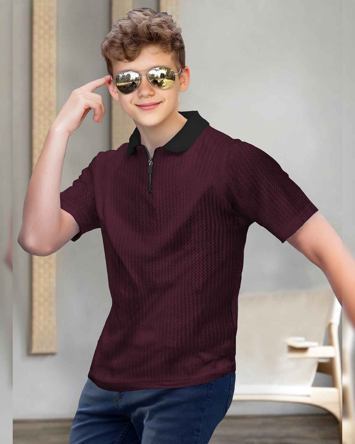 Boy Half Sleeve Maroon & Black Plain Textured T-shirt