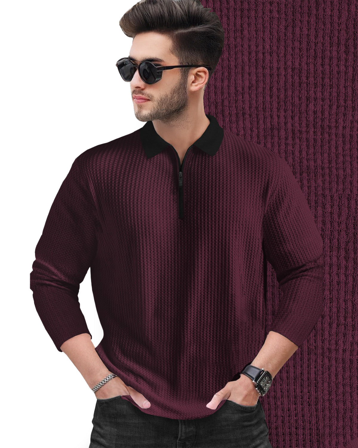 Men’s Waffle Textured Maroon Full Sleeve Polo T-Shirt with Quarter Zip Neck - Contrast Collar