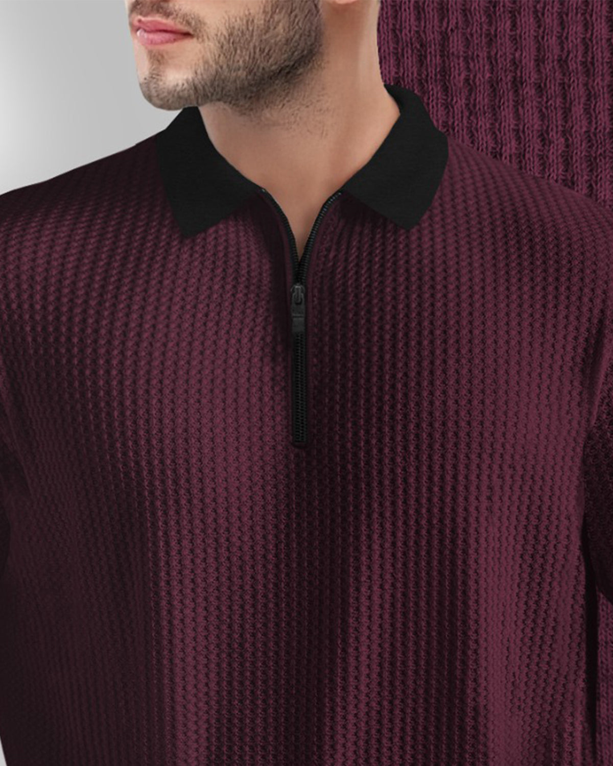 Men’s Waffle Textured Maroon Full Sleeve Polo T-Shirt with Quarter Zip Neck - Contrast Collar