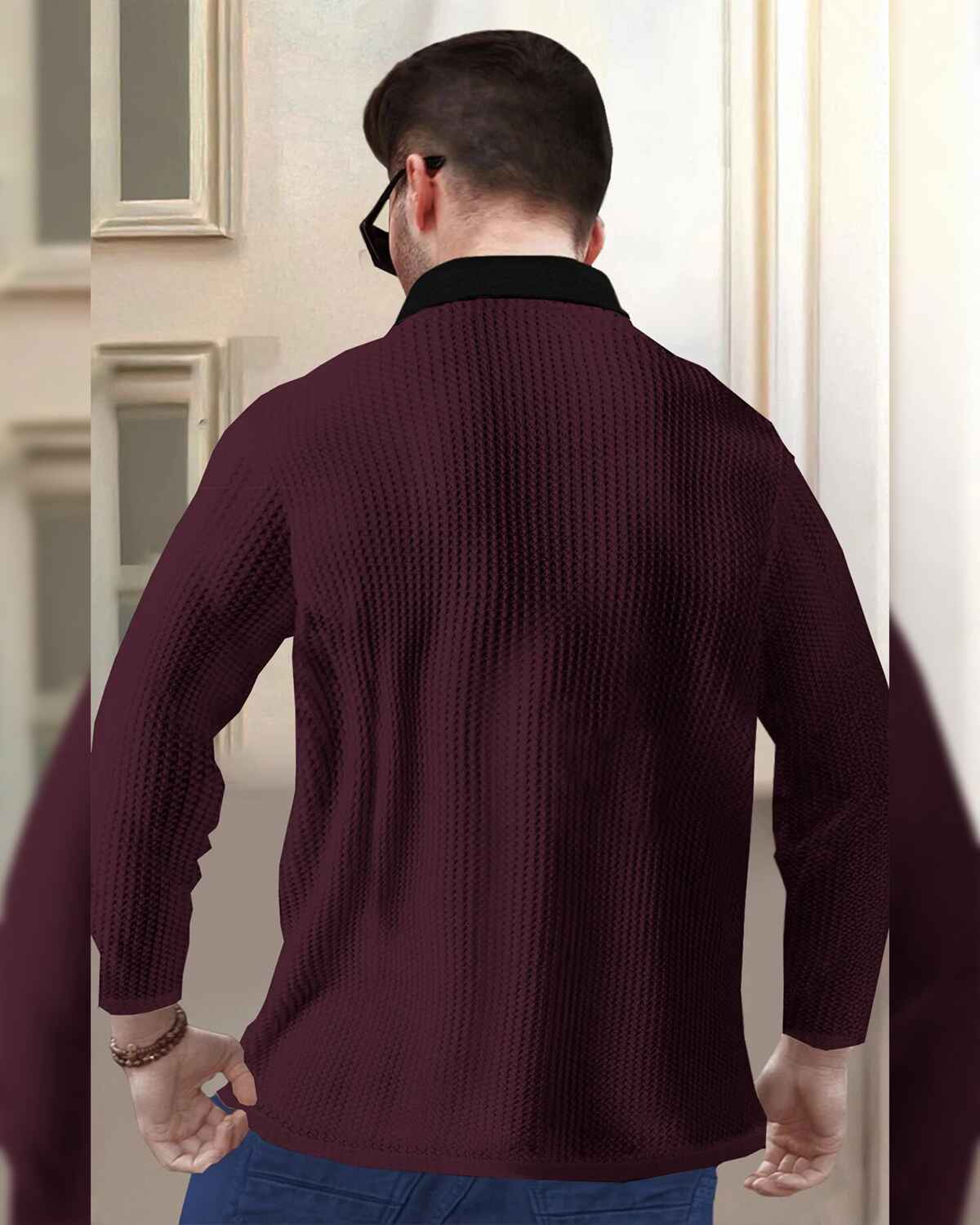 Men Textured Full Sleeve Plain Waffle Maroon & Black T-Shirt