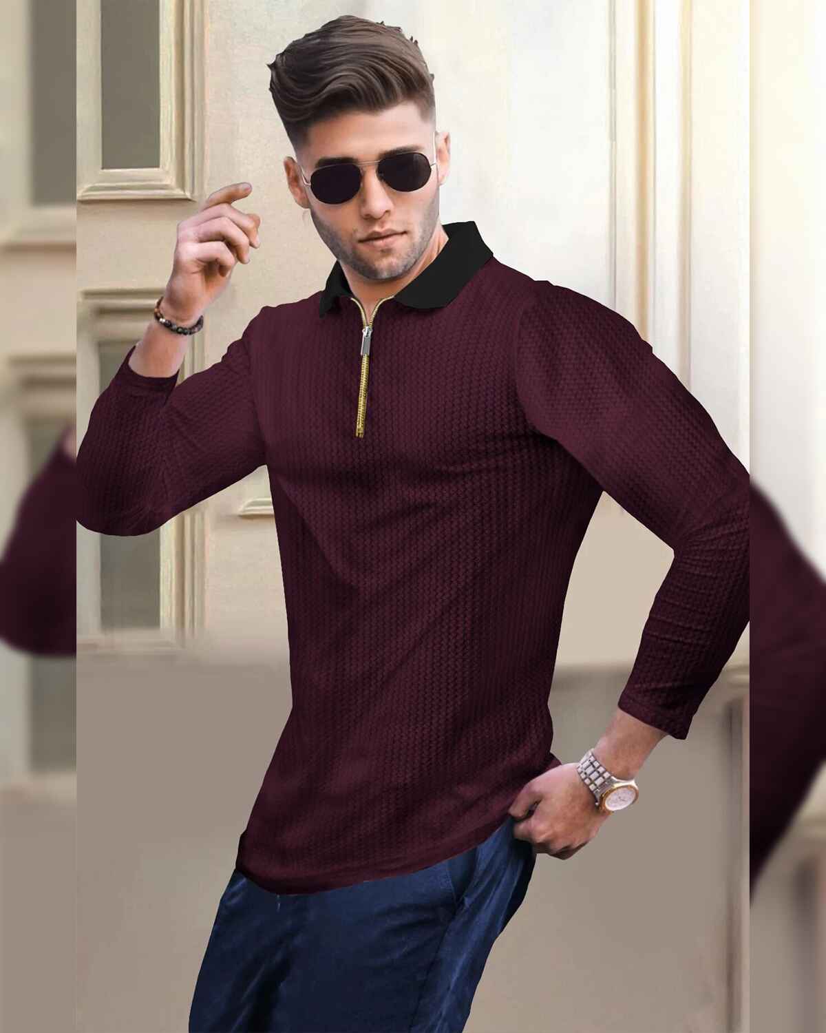 Men Textured Full Sleeve Plain Waffle Maroon & Black T-Shirt