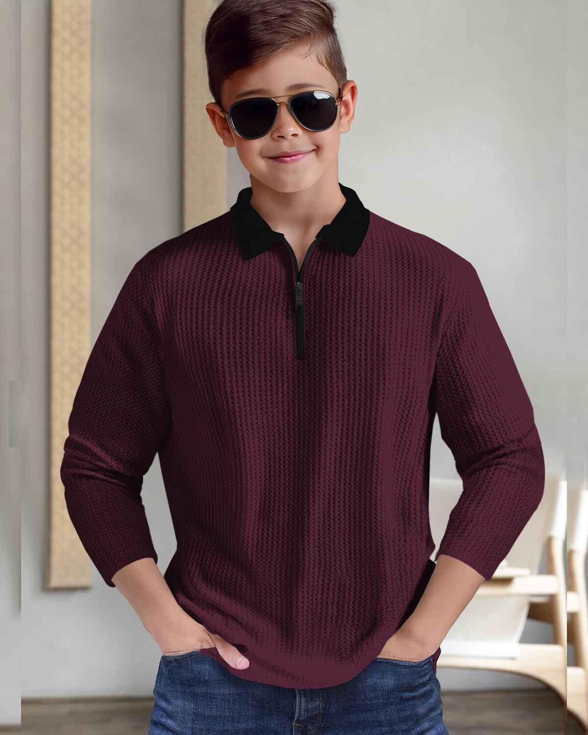 Boy Full Sleeve Plain Textured Waffle T-shirt / Maroon & Black