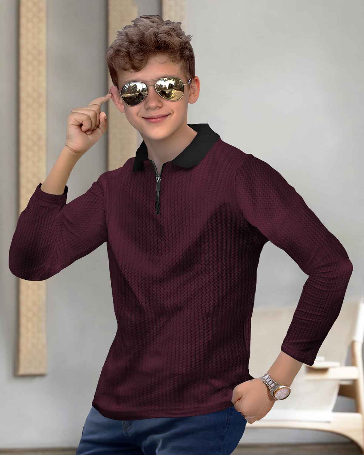 Boy Full Sleeve Plain Textured Waffle T-shirt / Maroon & Black