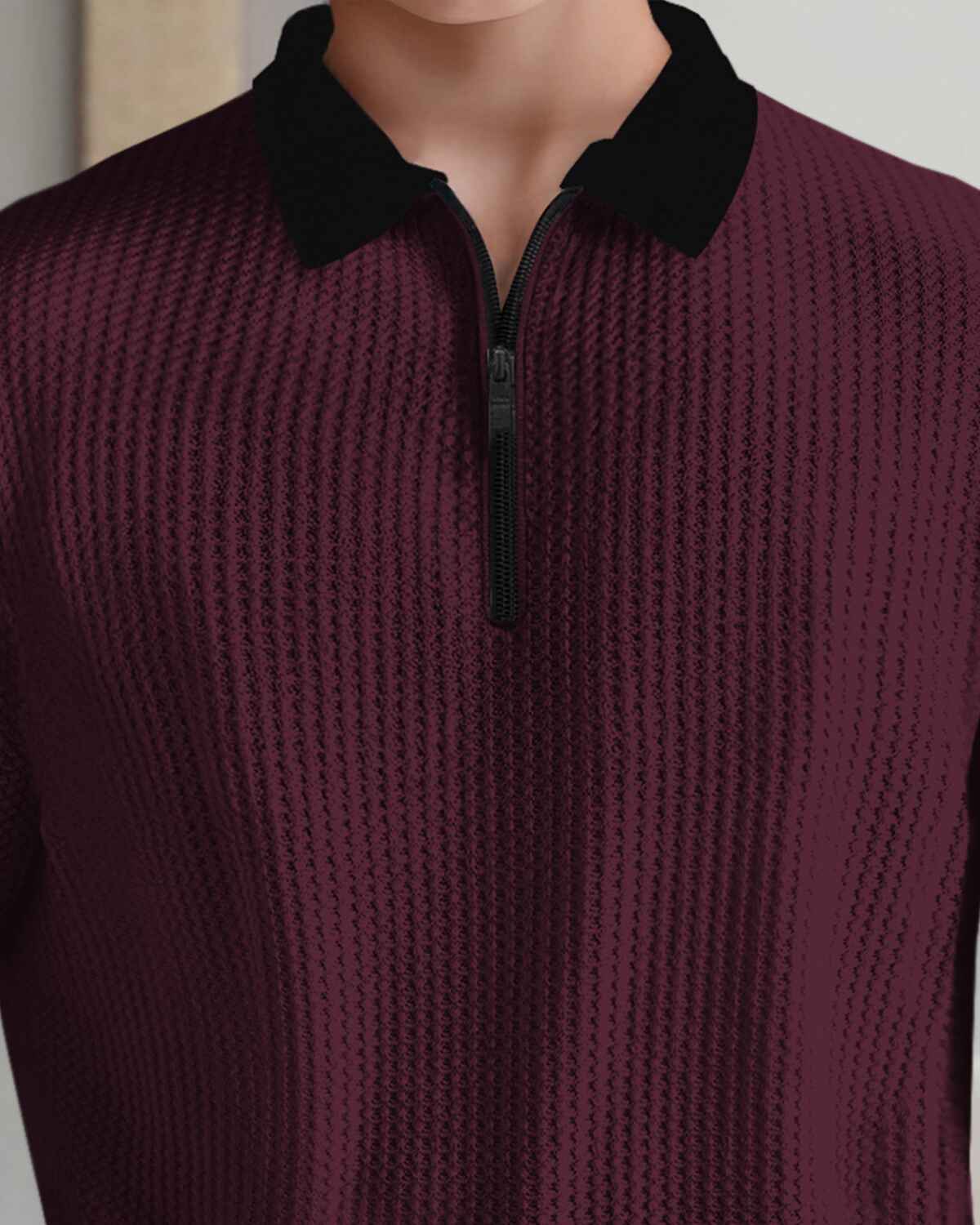 Boy Full Sleeve Plain Textured Waffle T-shirt / Maroon & Black