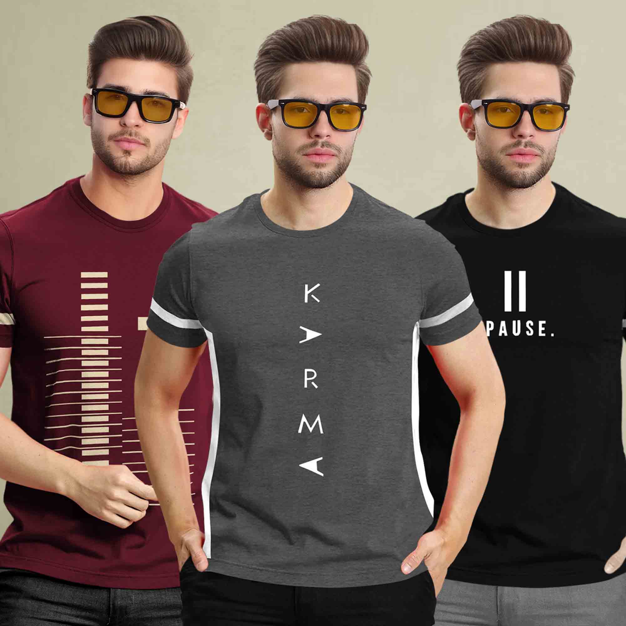 (Pack Of 3) Printed Half Sleeve Tshirts- 12 Variants