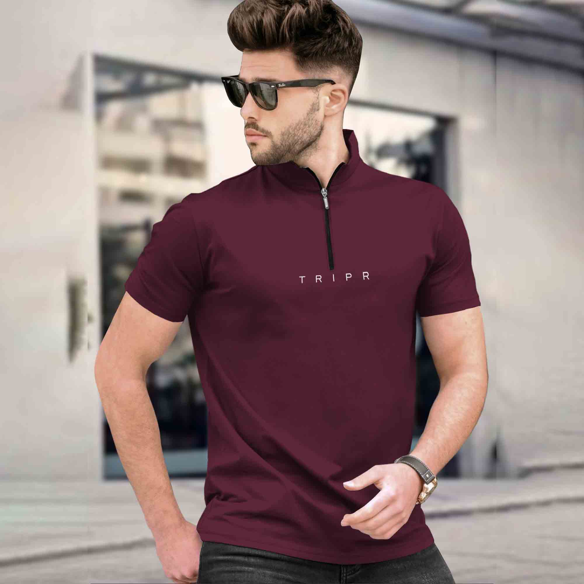 Men plain High Neck Maroon Short Sleeve Zipper T-Shirt