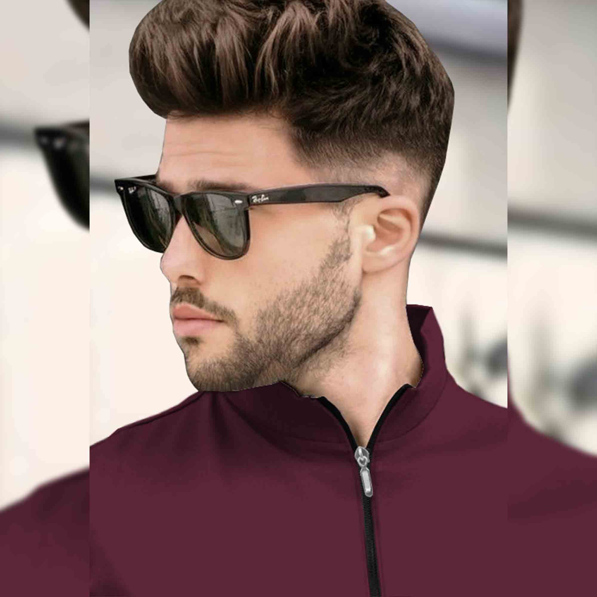 Men plain High Neck Maroon Short Sleeve Zipper T-Shirt