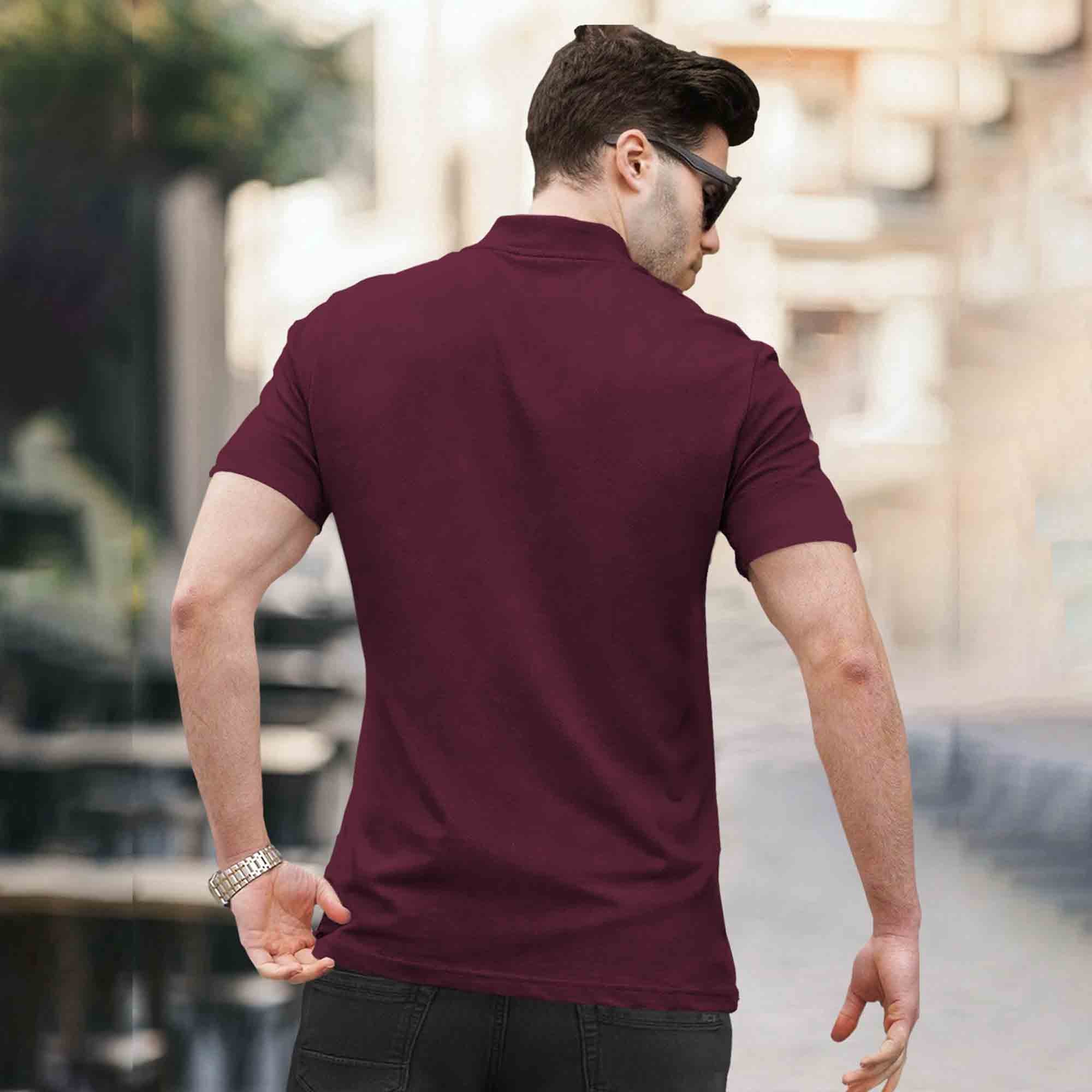 High Neck Quarter Zip Half Sleeve Tshirt Maroon