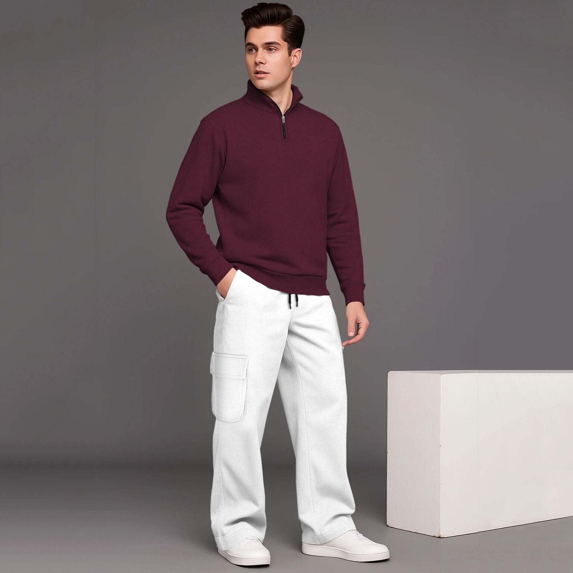 Maroon High Neck Sweatshirt White Baggy Cargo Tracksuit – TRIPR