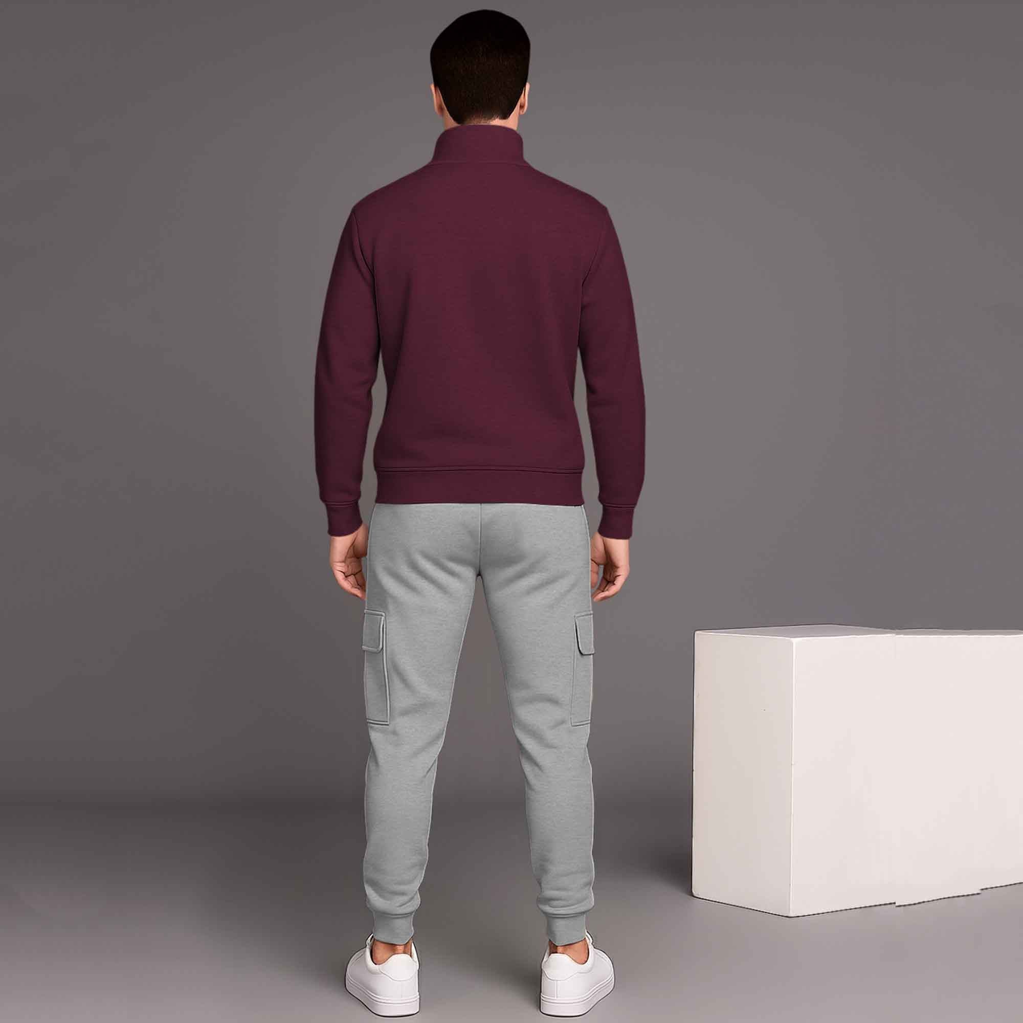 Maroon High Neck Sweatshirt and Grey Cargo Jogger Tracksuit