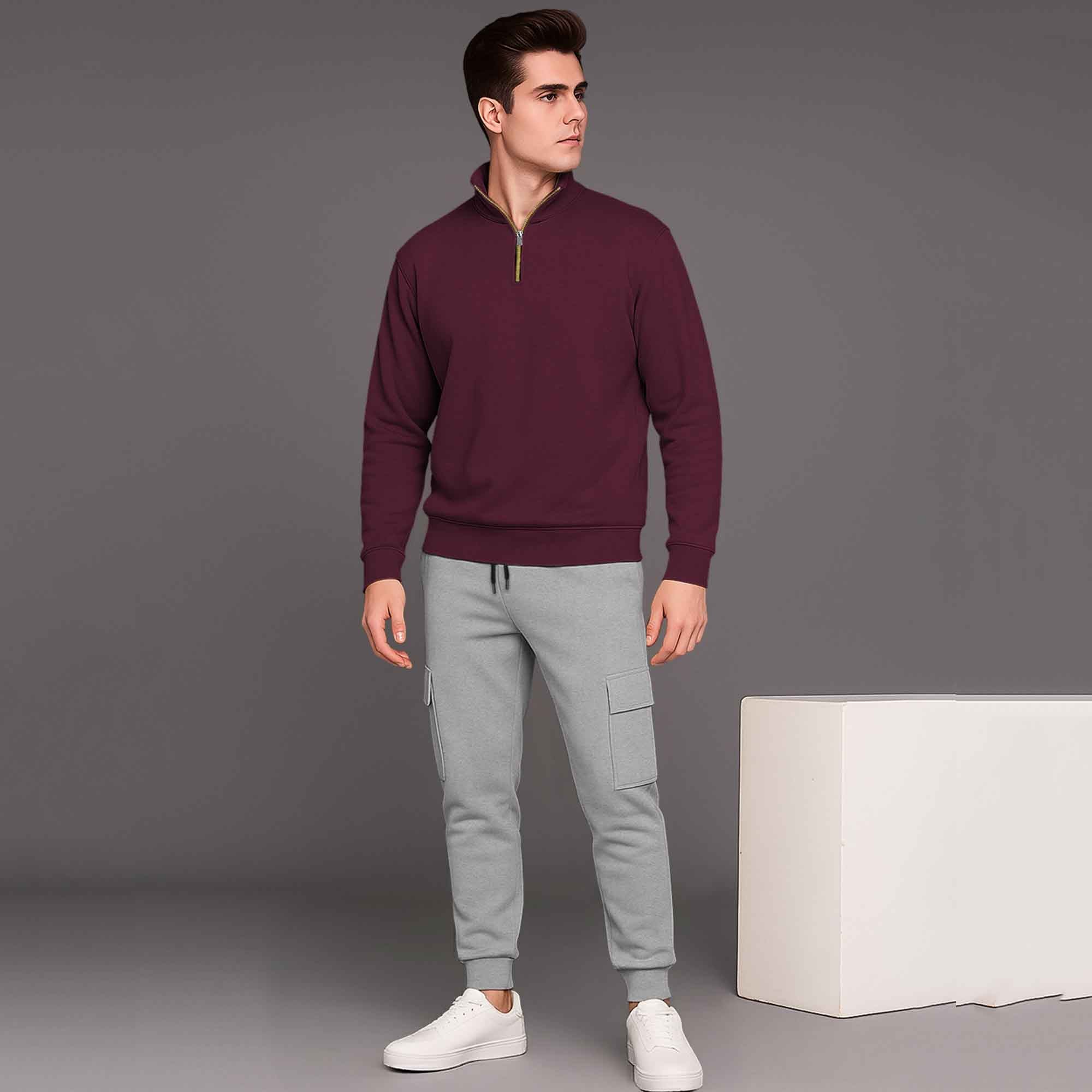 Maroon High Neck Sweatshirt and Grey Cargo Jogger Tracksuit