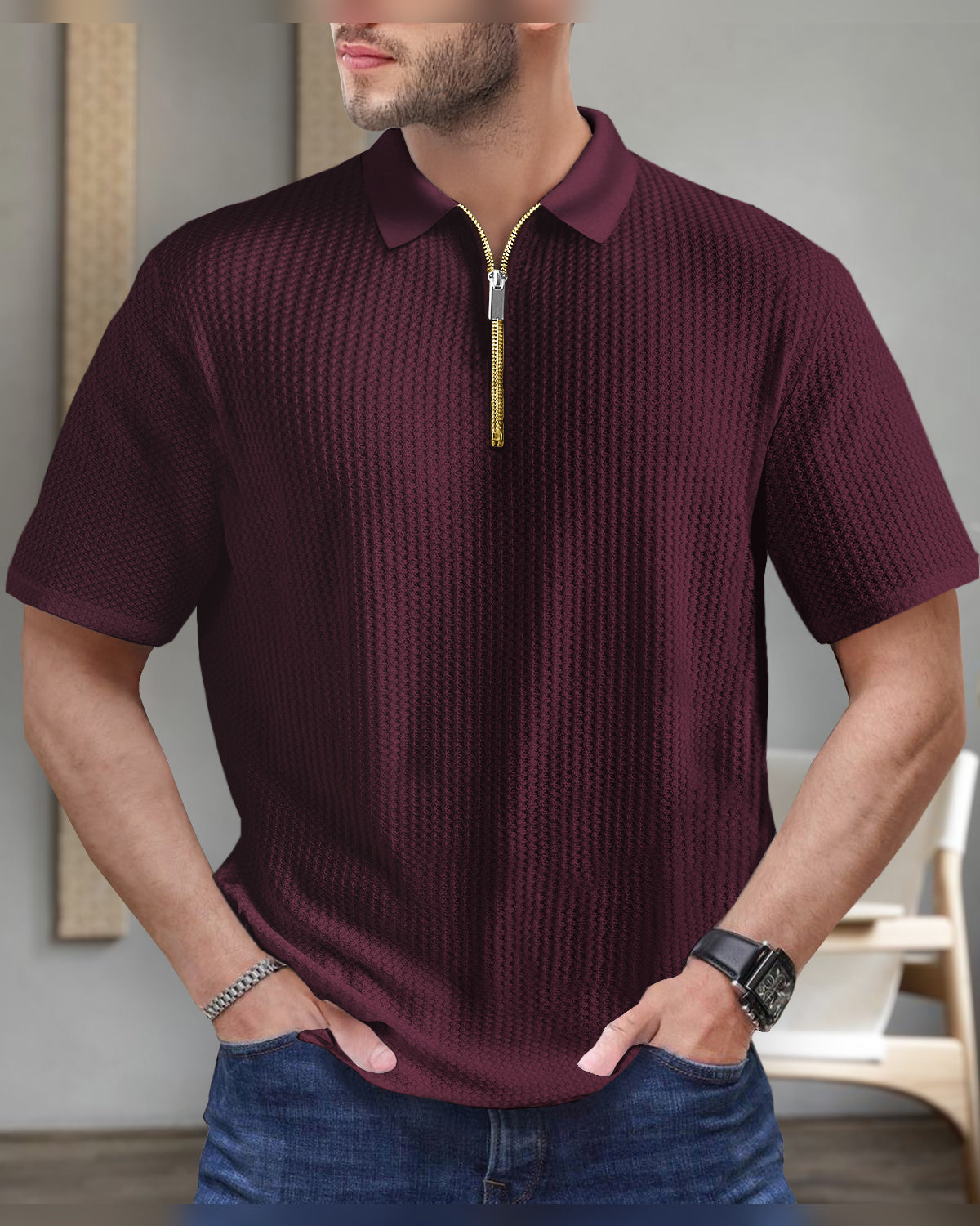 Mens Half Sleeve Zipper Waffle Maroon T-shirt