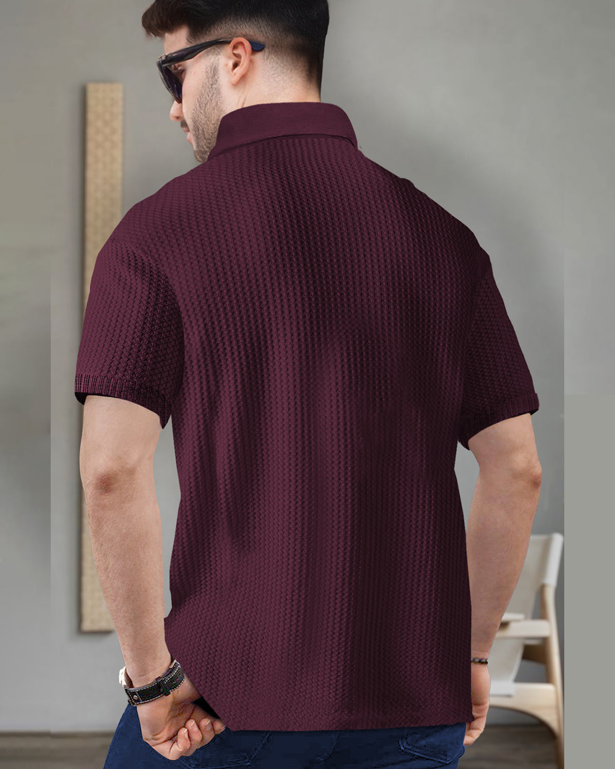 Mens Half Sleeve Zipper Waffle Maroon T-shirt