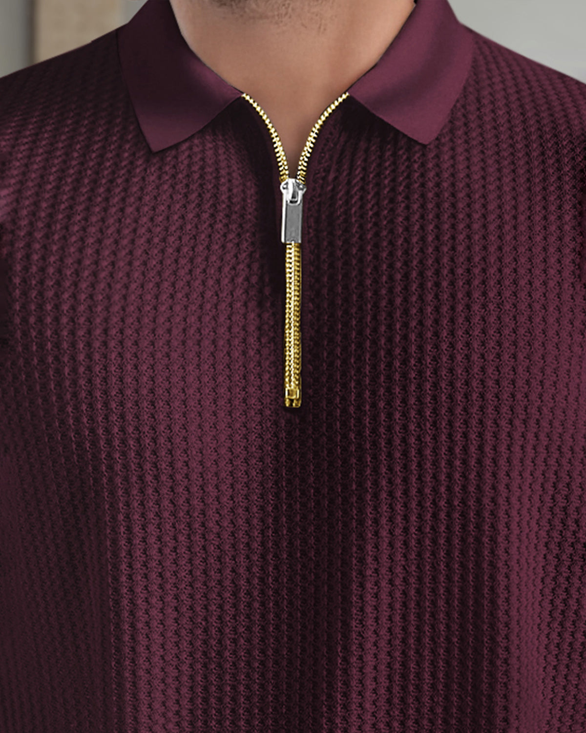 Mens Half Sleeve Zipper Waffle Maroon T-shirt