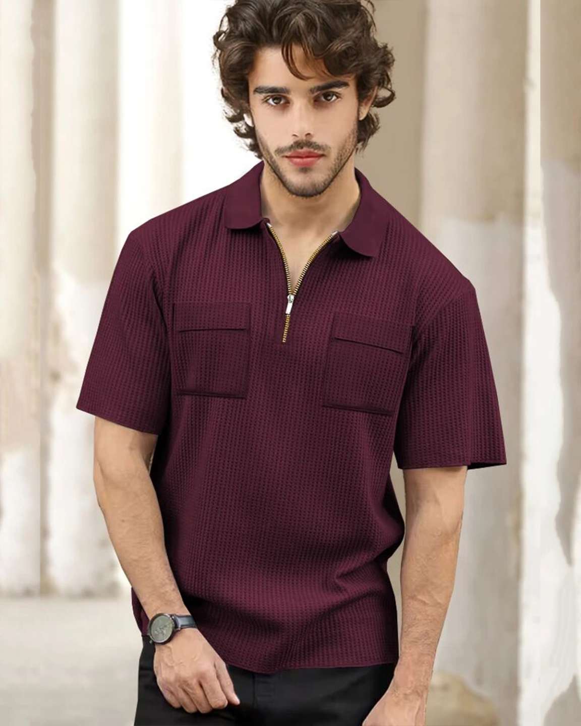 Men Maroon Half Sleeve Double Pocket Waffle T-shirt