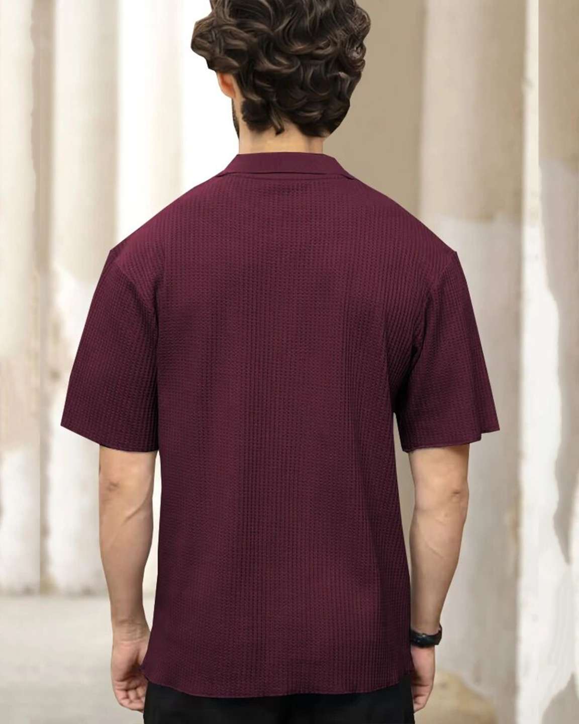 Men Maroon Half Sleeve Double Pocket Waffle T-shirt