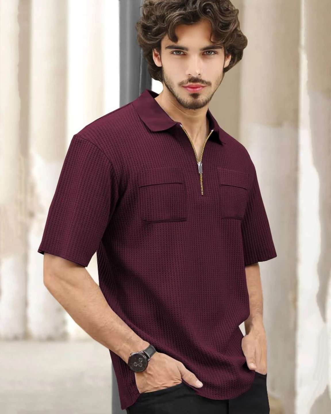 Men Maroon Half Sleeve Double Pocket Waffle T-shirt