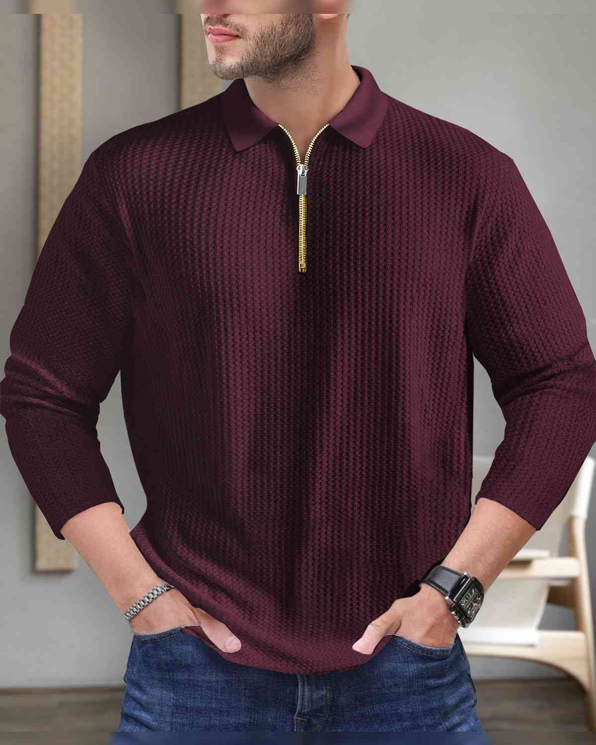 Men’s Waffle Textured Maroon Full Sleeve Polo T-Shirt with Quarter Zip Neck