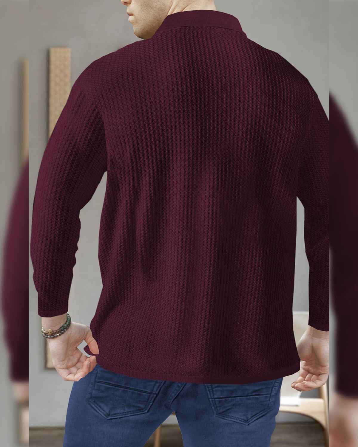 Men’s Waffle Textured Maroon Full Sleeve Polo T-Shirt with Quarter Zip Neck