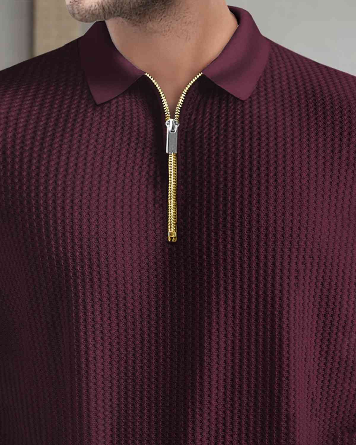 Men’s Waffle Textured Maroon Full Sleeve Polo T-Shirt with Quarter Zip Neck