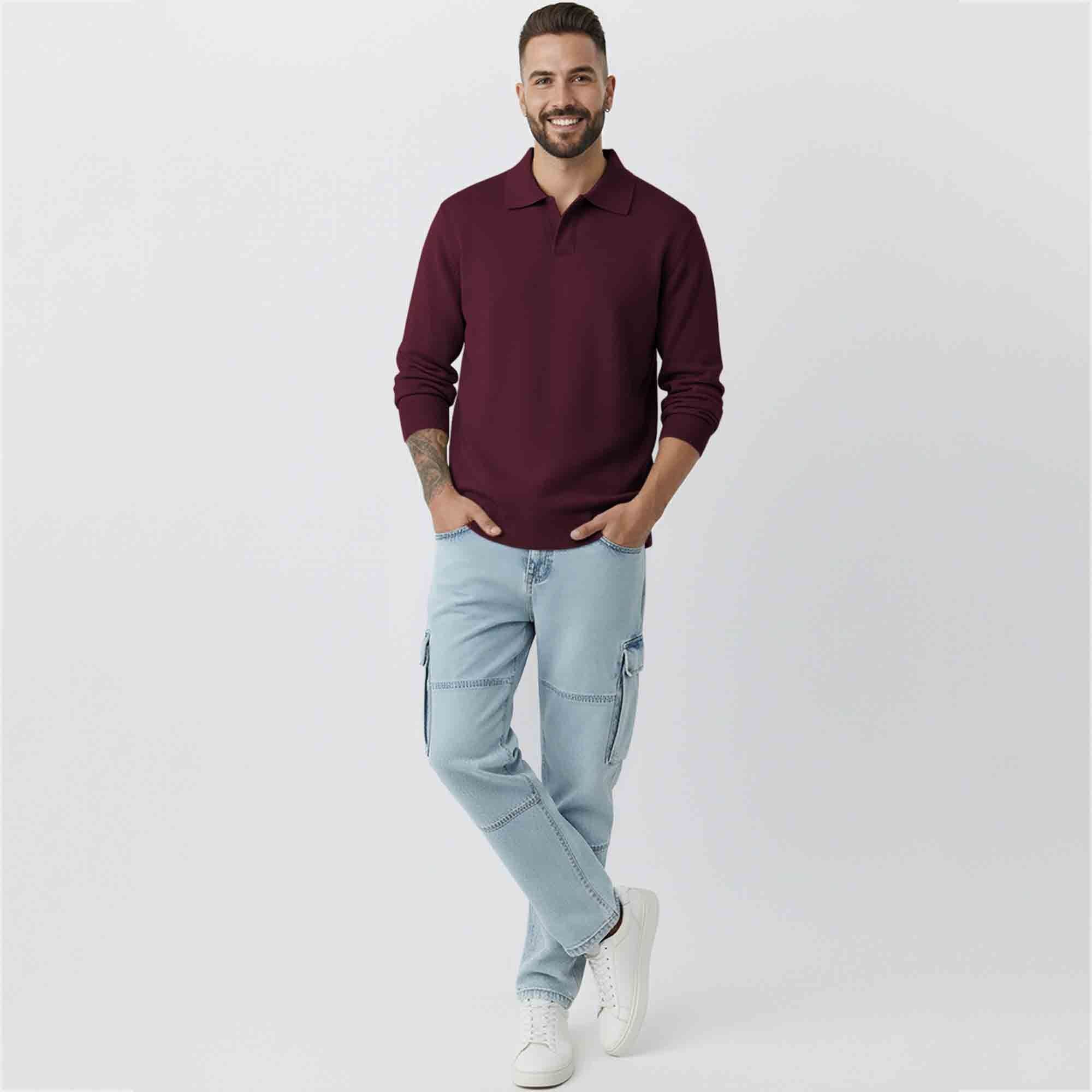 Mens Classic Polo Neck Solid Sweatshirt Maroon