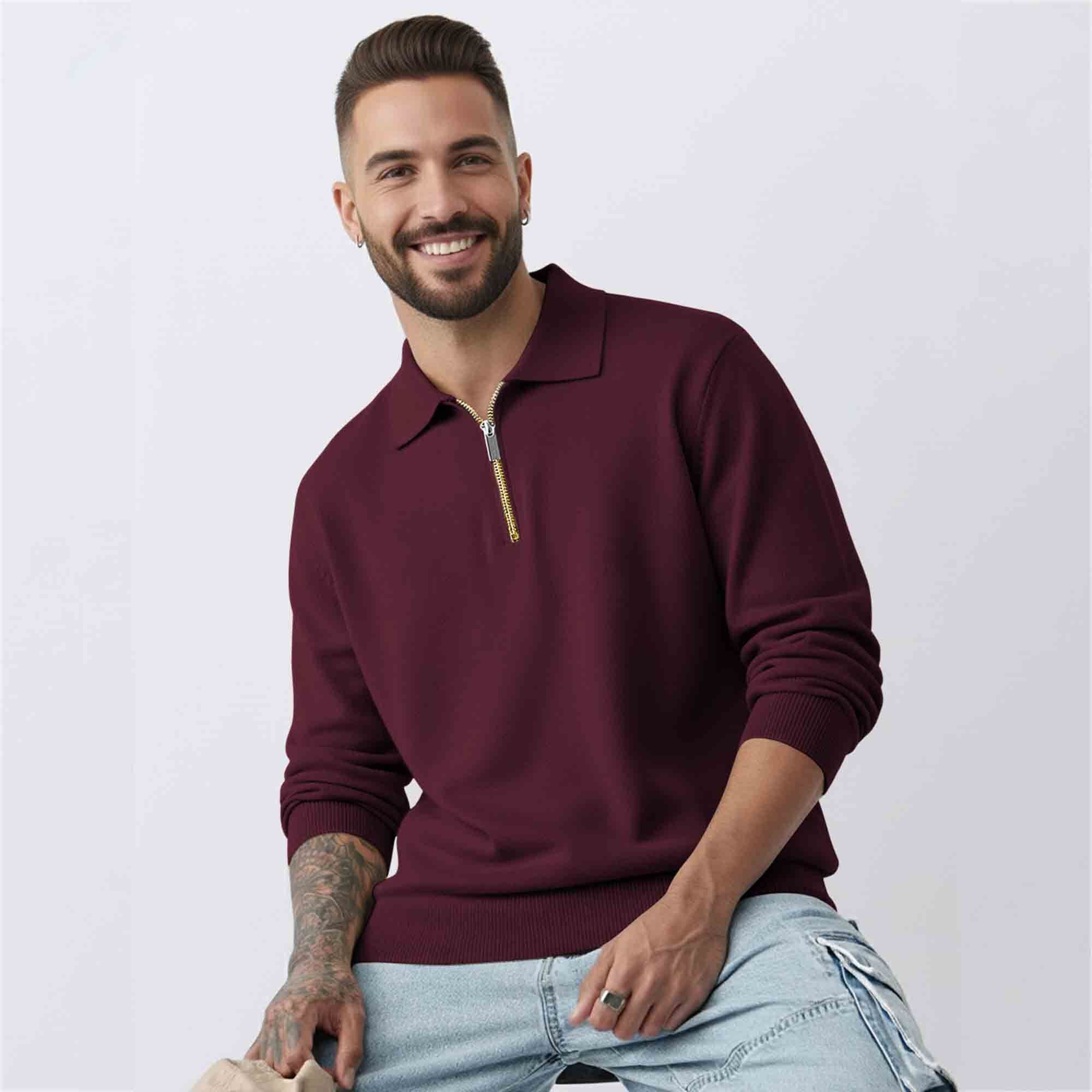 Mens MaroonQuarter Zip Full Sleeve Plain Polo Fit Sweatshirt