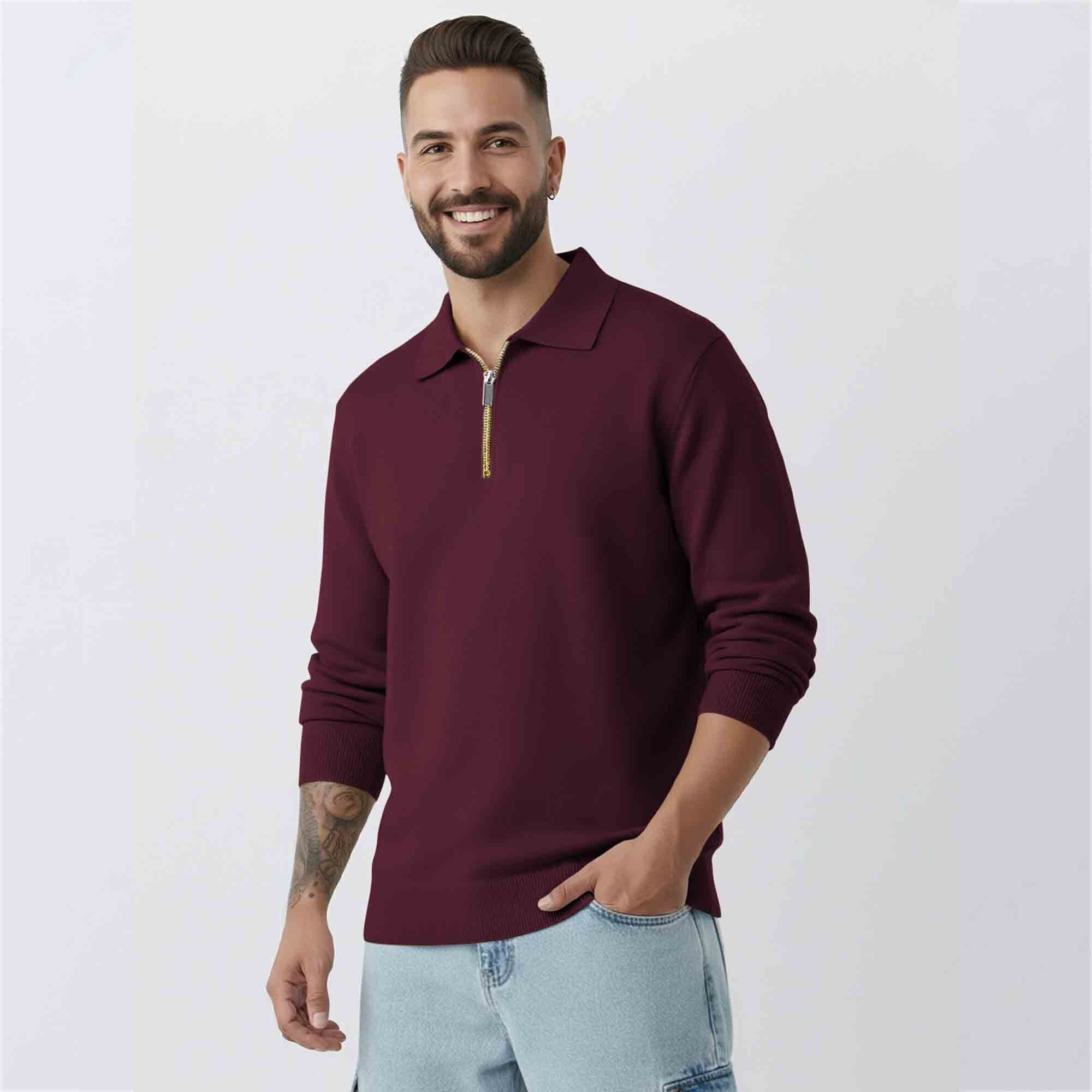 Mens MaroonQuarter Zip Full Sleeve Plain Polo Fit Sweatshirt