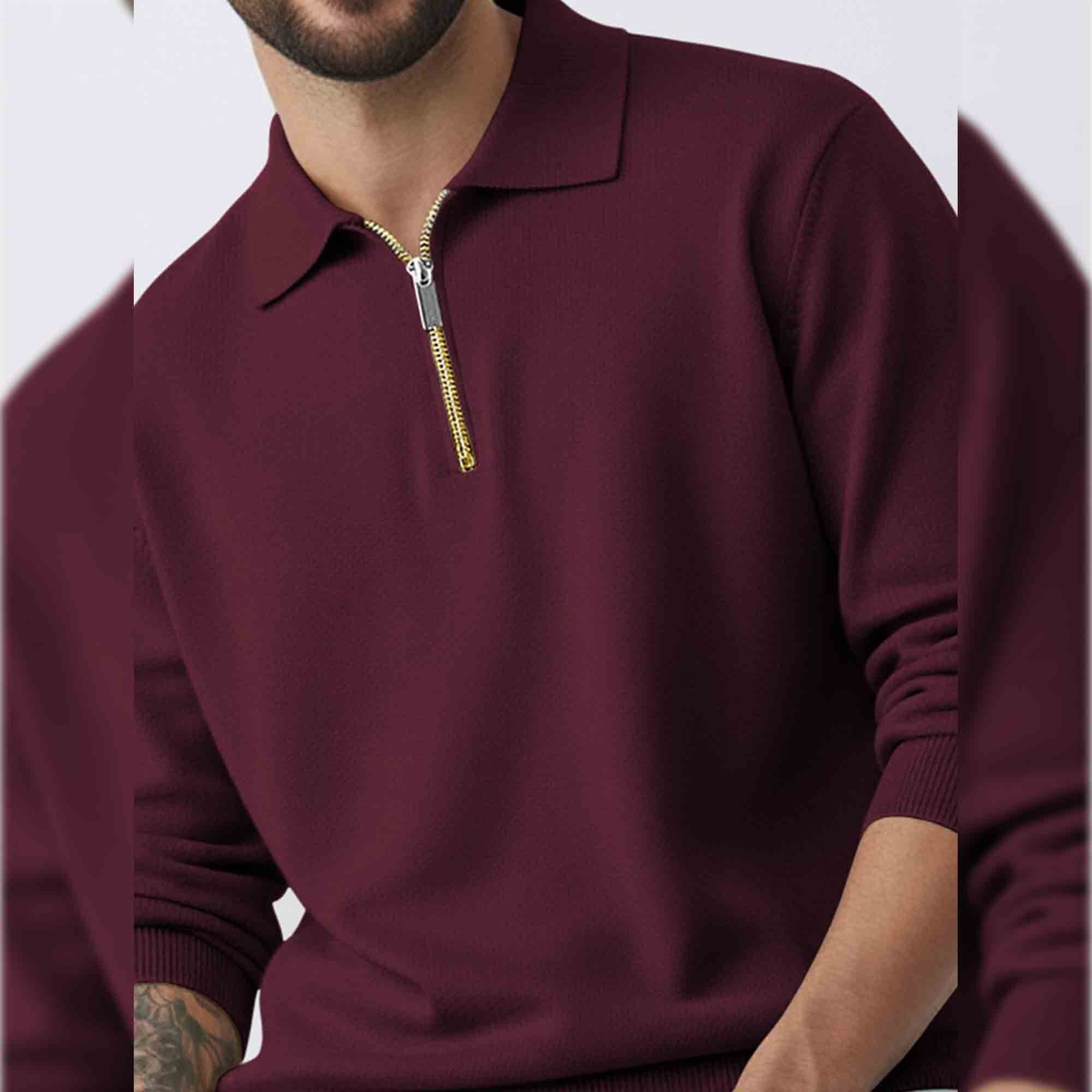 Mens MaroonQuarter Zip Full Sleeve Plain Polo Fit Sweatshirt