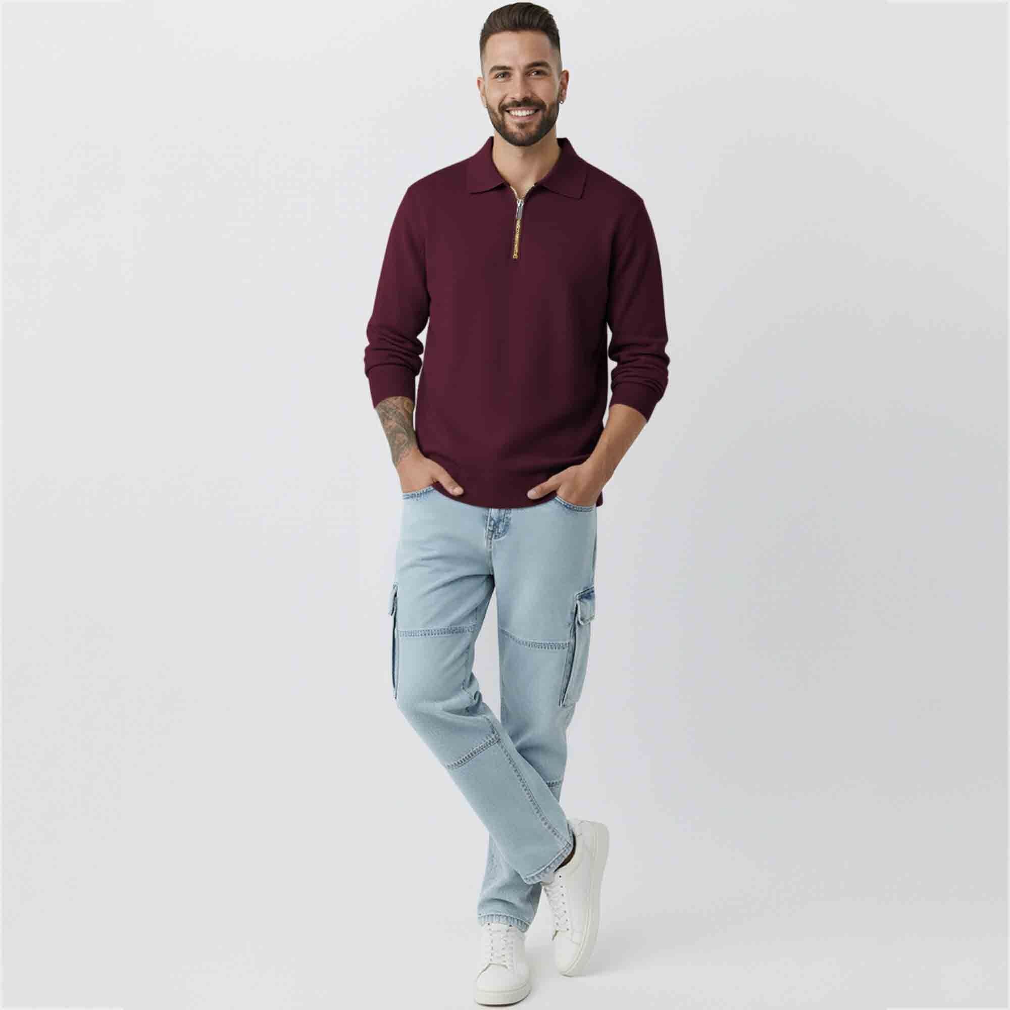 Mens MaroonQuarter Zip Full Sleeve Plain Polo Fit Sweatshirt