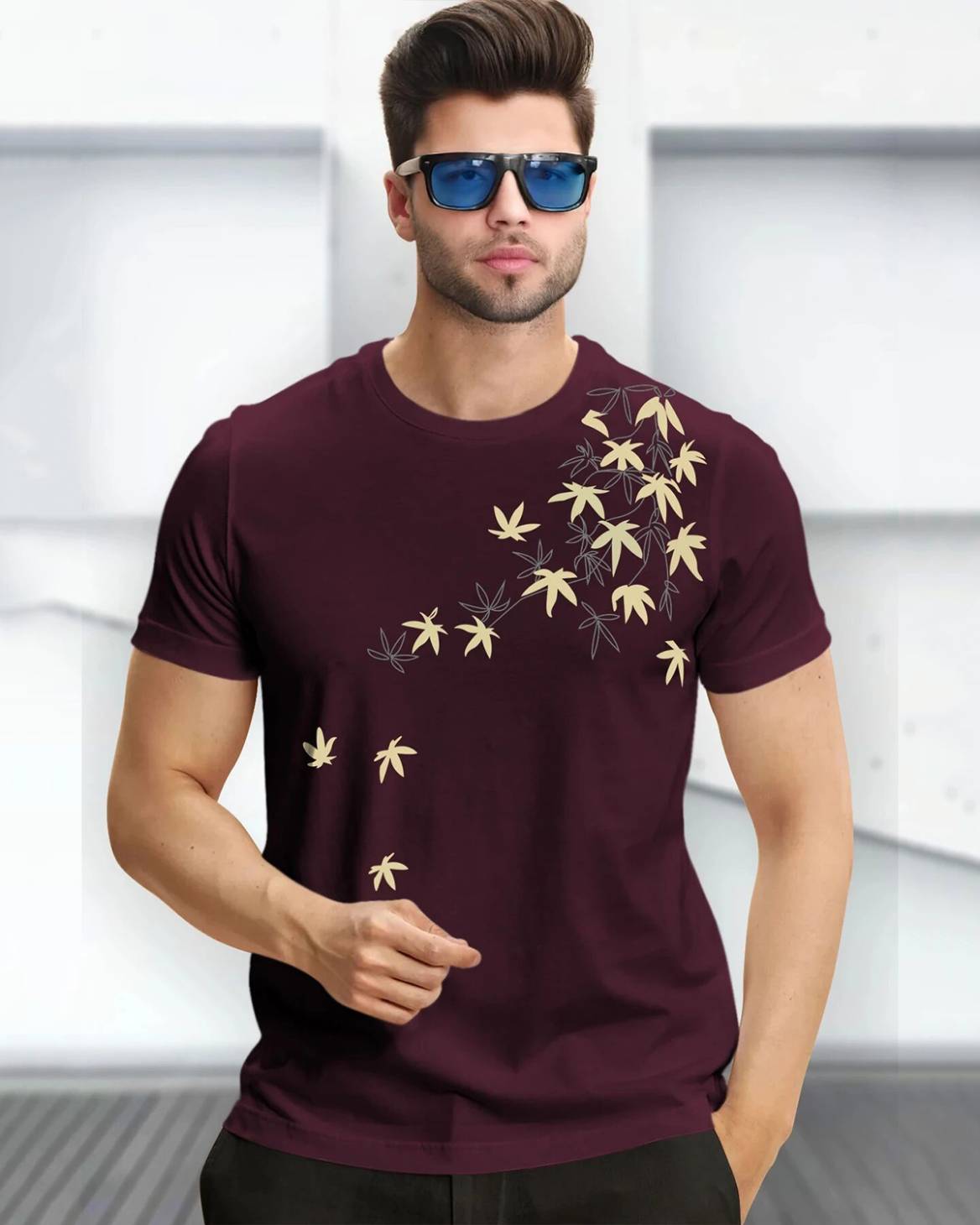 Feather Printed Half Sleeve Round Neck Maroon Mens T-shirt