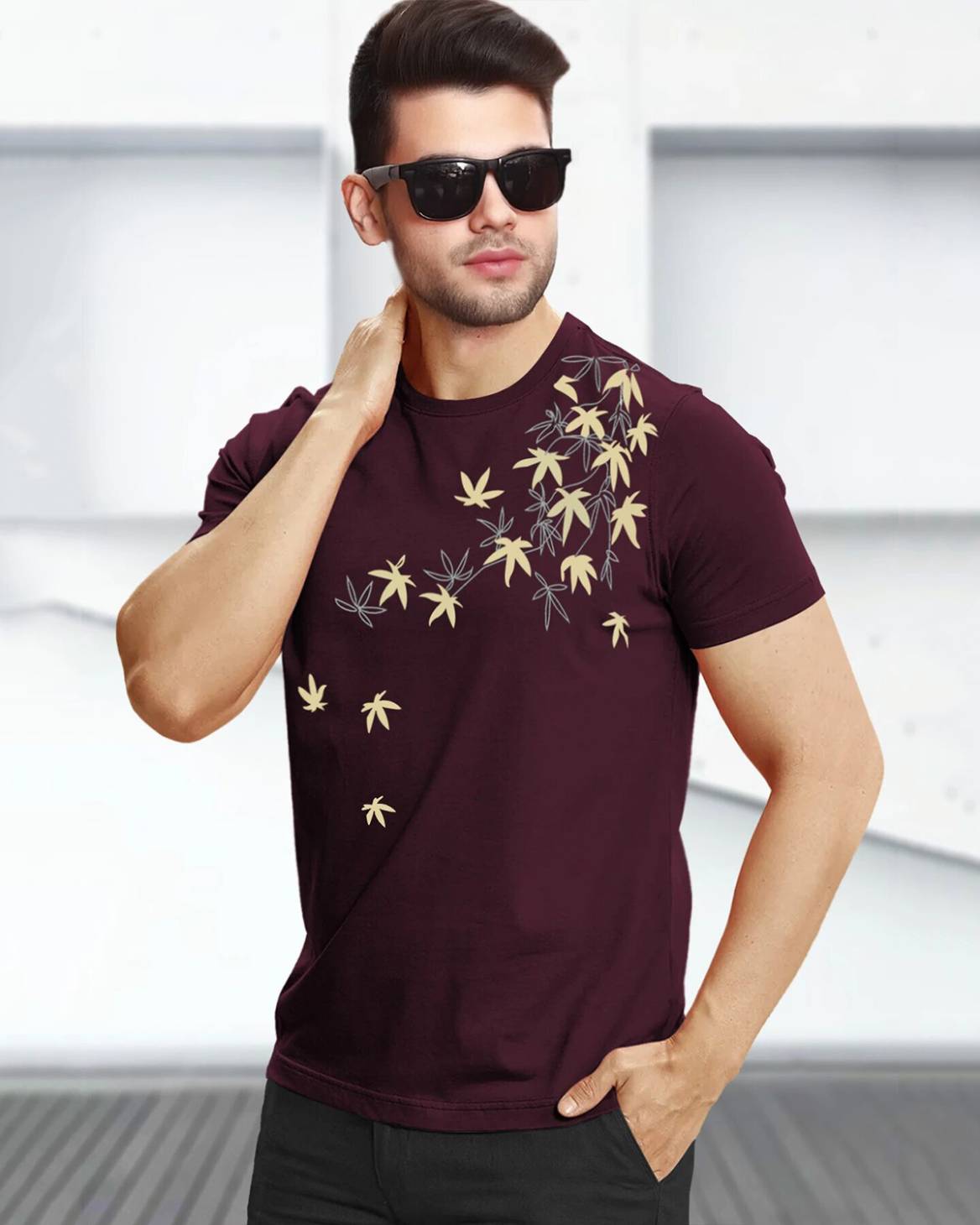 Feather Printed Half Sleeve Round Neck Maroon Mens T-shirt