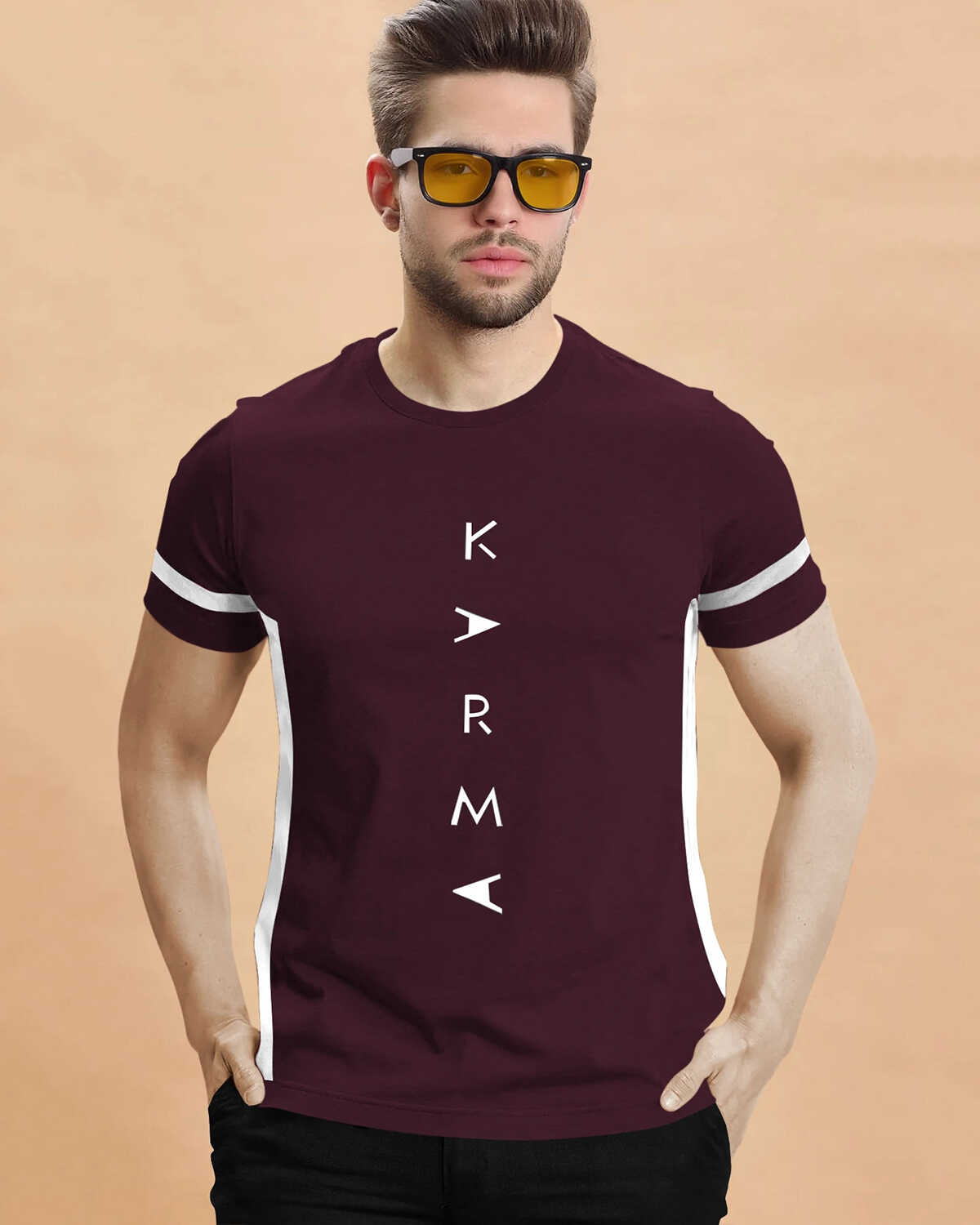 Men Printed Half Sleeve Round Neck Cotton Blend T-Shirt / Maroon