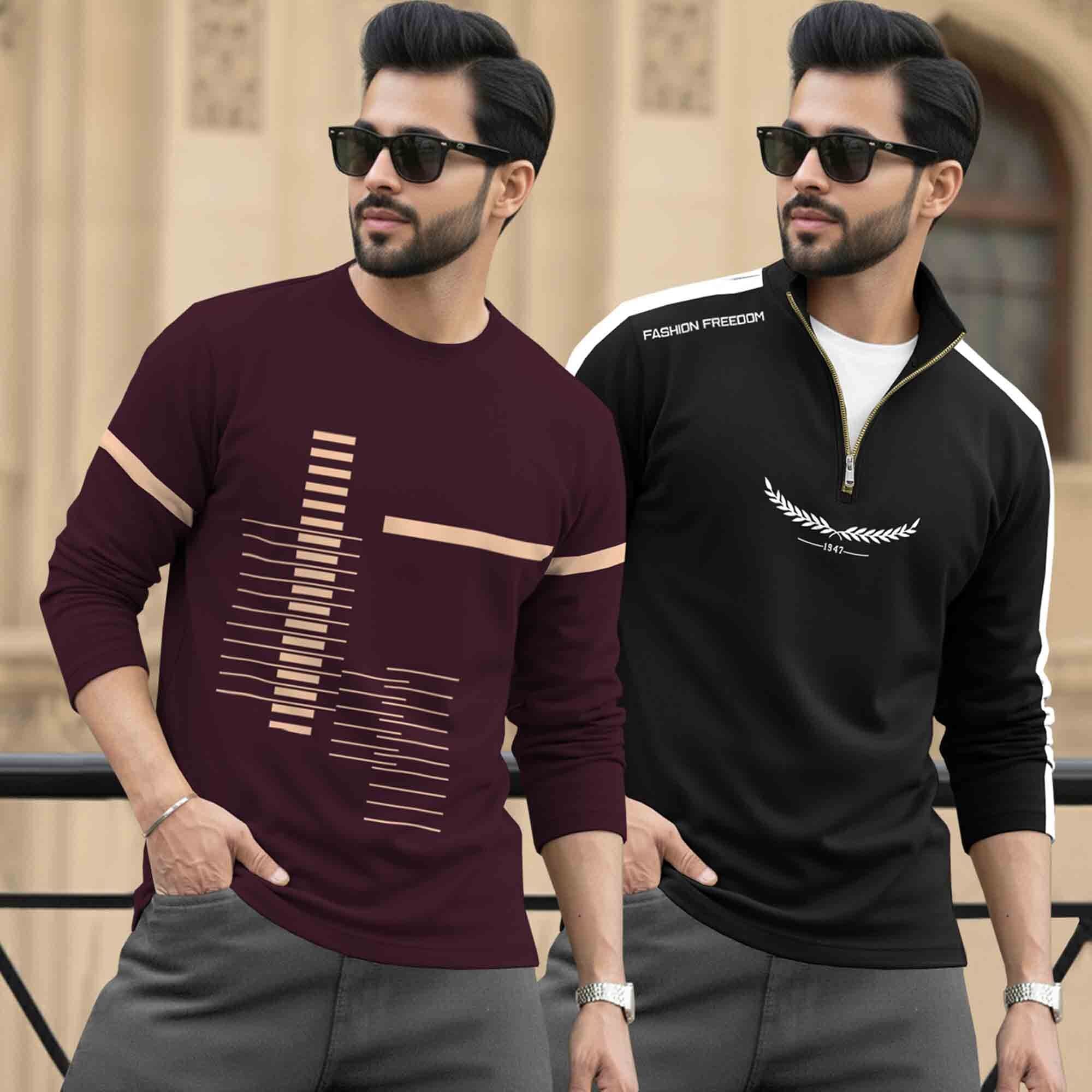 (Pack Of 2) Full Sleeve Printed T-shirts Maroon & Black