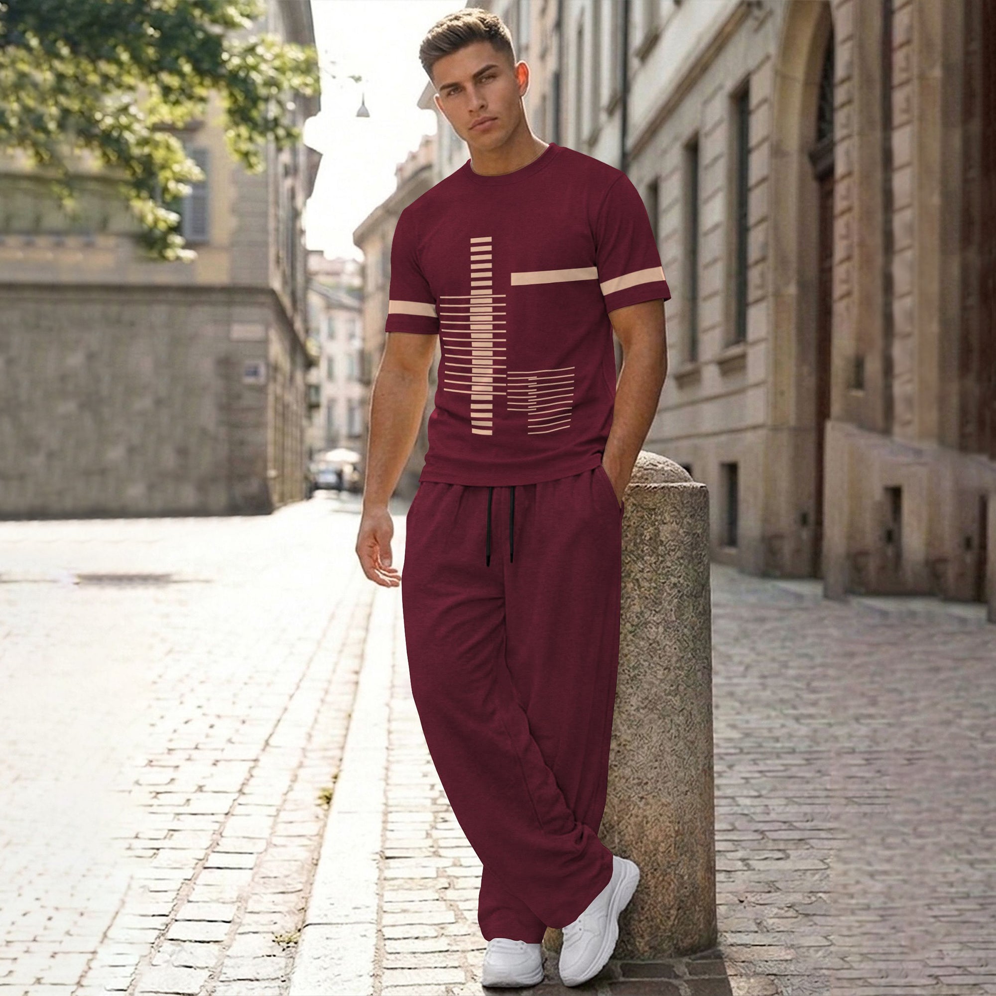 Men Tracksuit Round Neck Printed Tshirts Loose Fit Plain Trackpants
