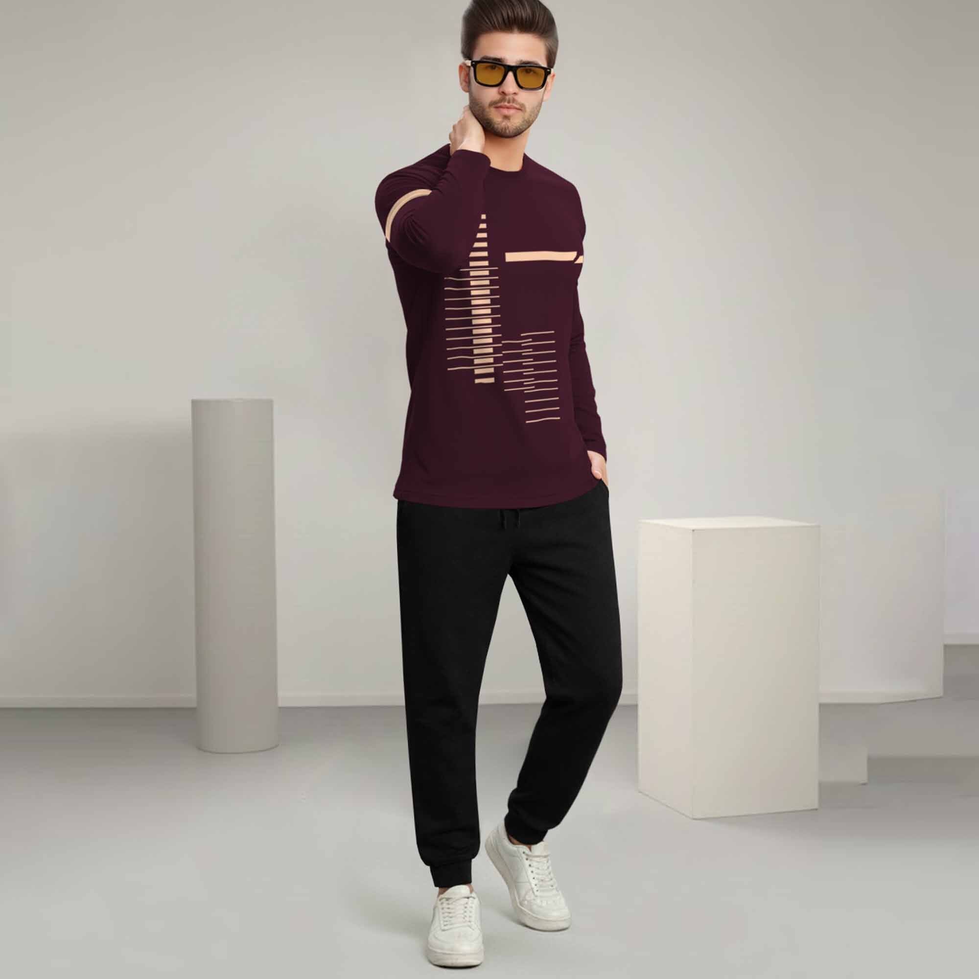 Out Fit Set Full Sleeve Printed Maroon Tshirt Matching Black Trackpant