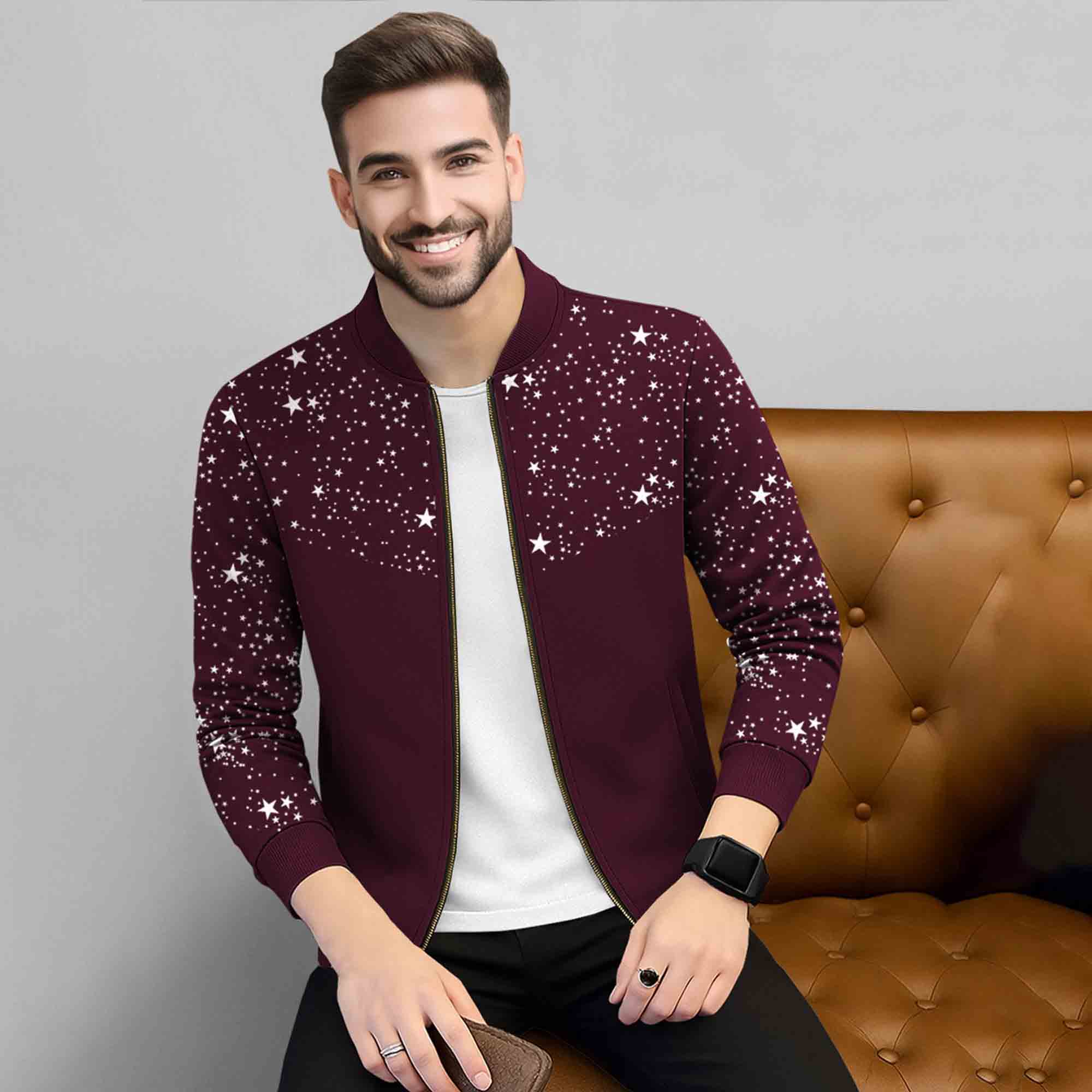 Men Full Sleeve Star Printed Round Neck Jacket Maroon