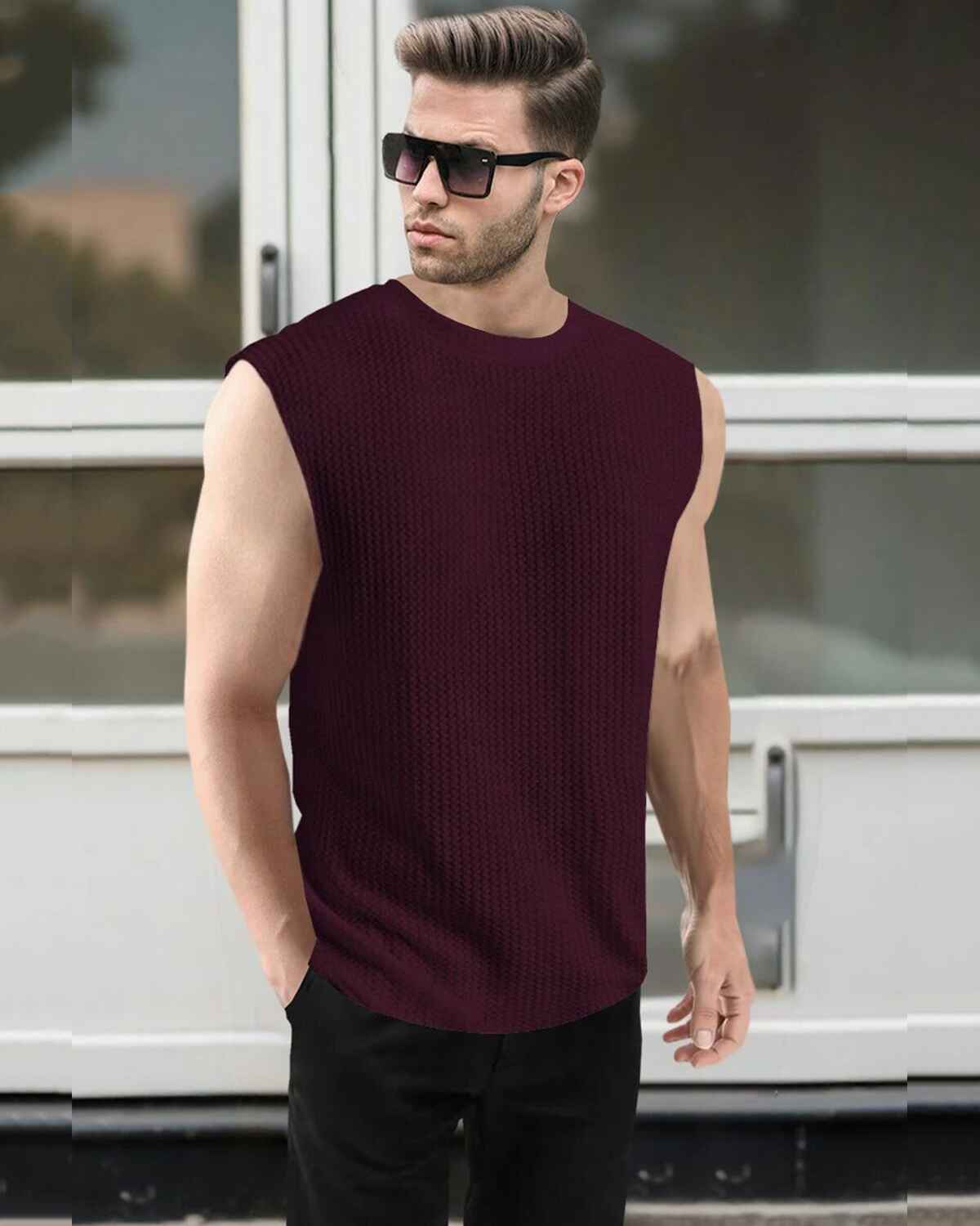 Men Casual Round Neck Plain Maroon Waffle Vest
