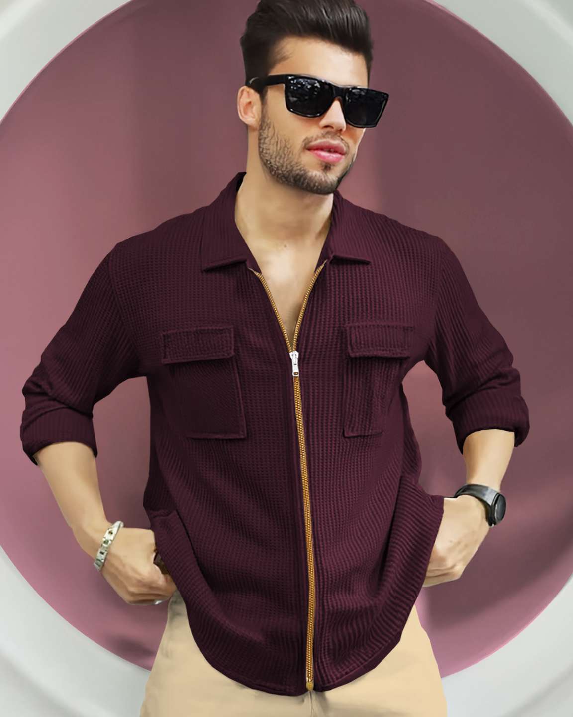 Zip Relaxed Fit Double Poacket Full Sleeve Maroon Waffle Shirt