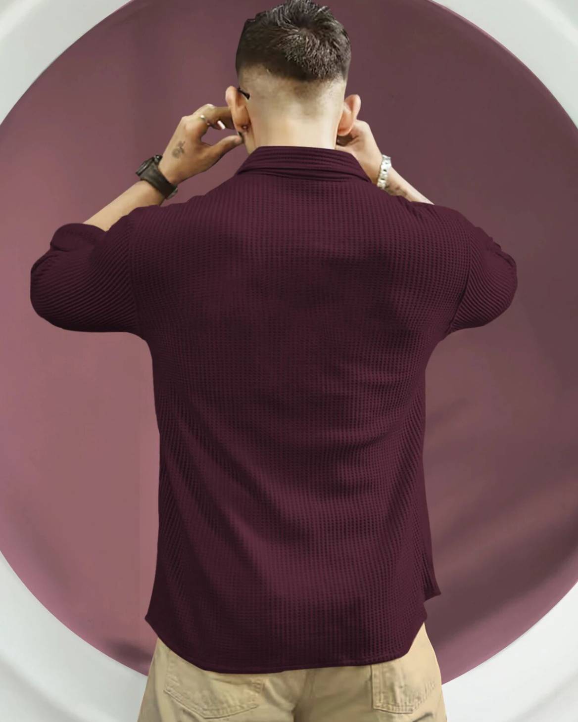 Zip Relaxed Fit Double Poacket Full Sleeve Maroon Waffle Shirt