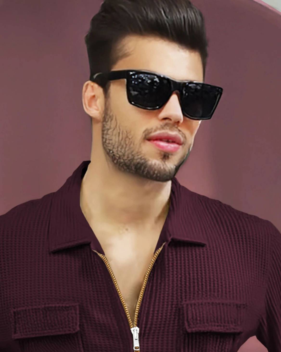 Zip Relaxed Fit Double Poacket Full Sleeve Maroon Waffle Shirt