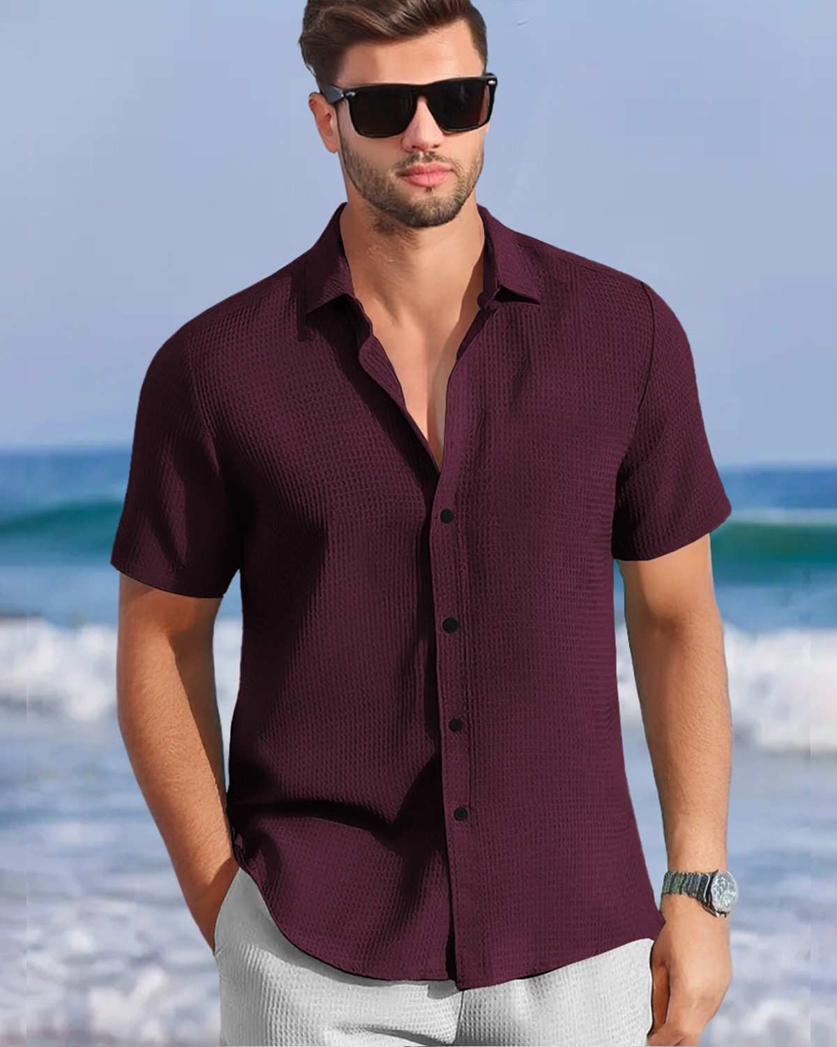 Men Half Sleeve Maroon Waffle Shirt