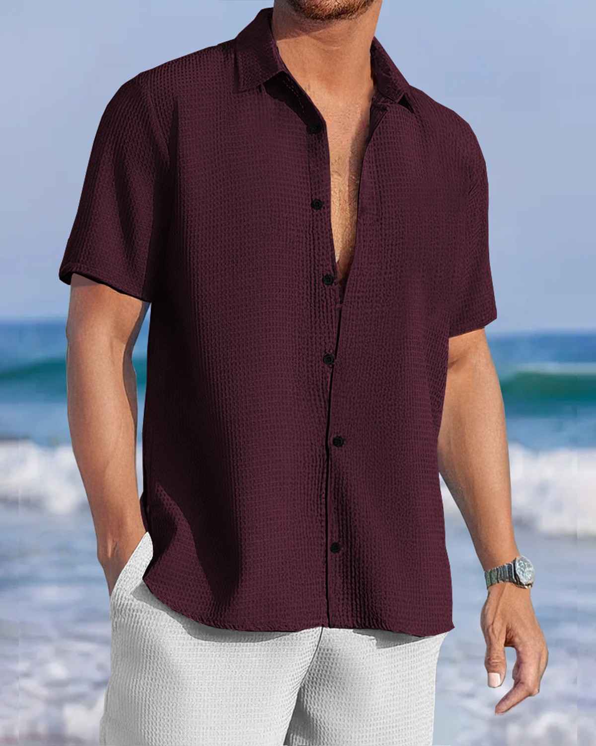 Men Half Sleeve Maroon Waffle Shirt
