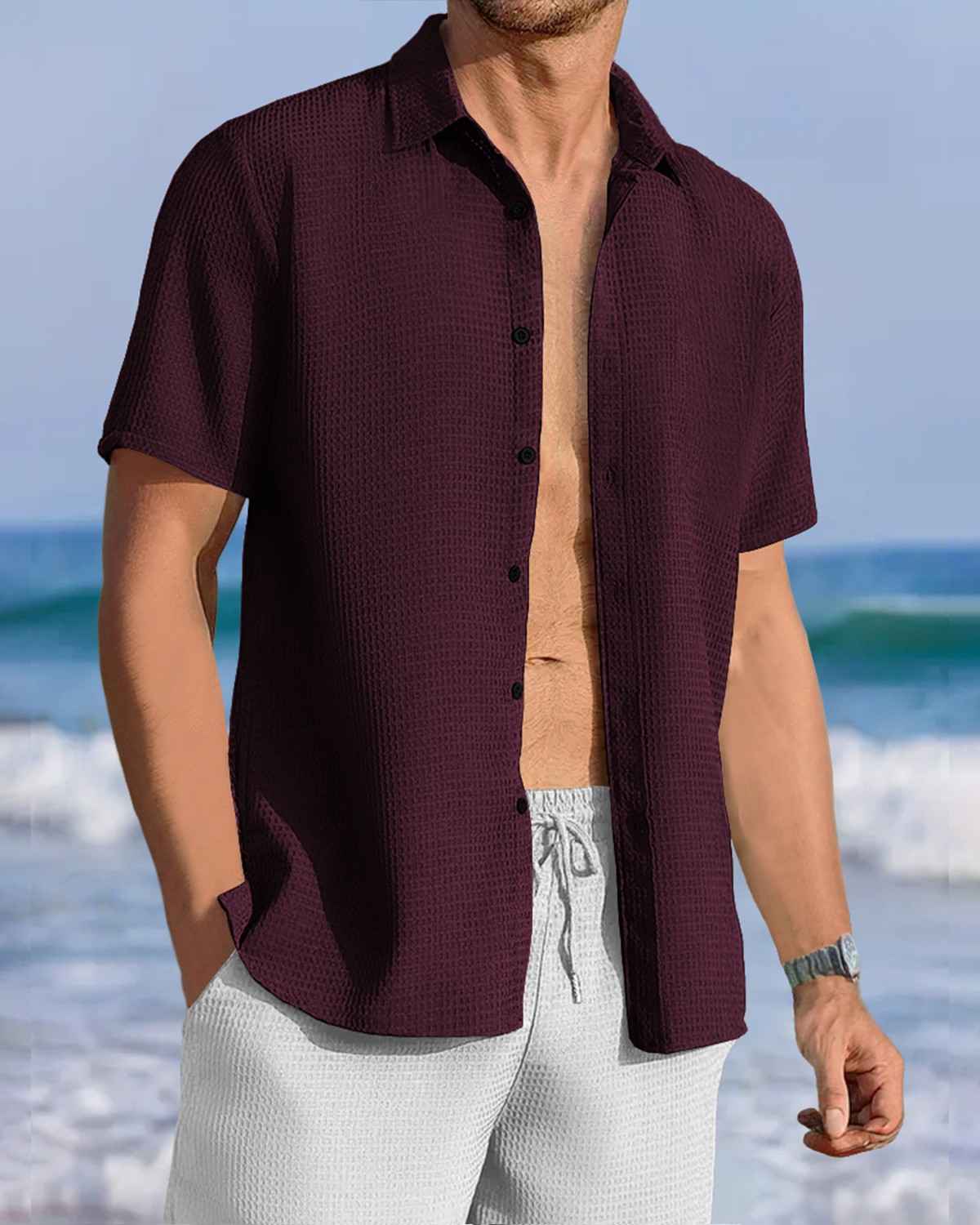 Men Half Sleeve Maroon Waffle Shirt