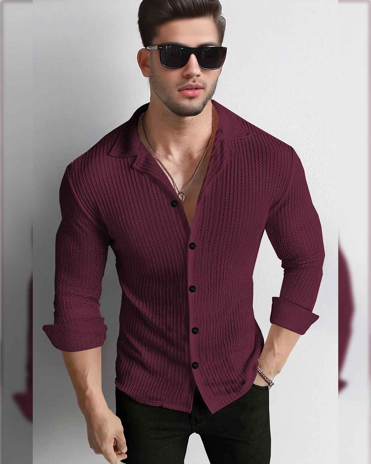 Men Full Sleeve Maroon Solid Color Waffle Textured Shirt