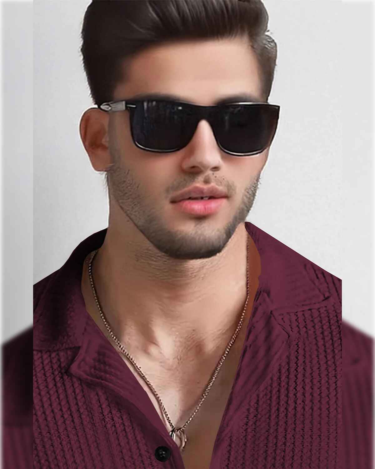 Men Full Sleeve Maroon Solid Color Waffle Textured Shirt