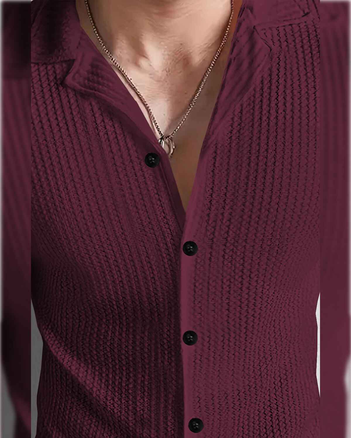 Men Full Sleeve Maroon Solid Color Waffle Textured Shirt