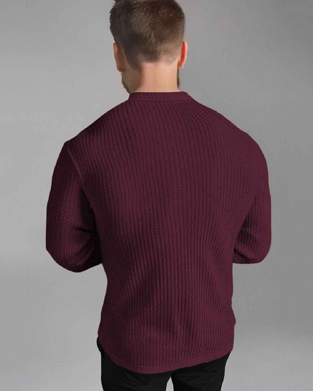 Men Full Sleeve Maroon Double Pocket Waffle Textured Shirt