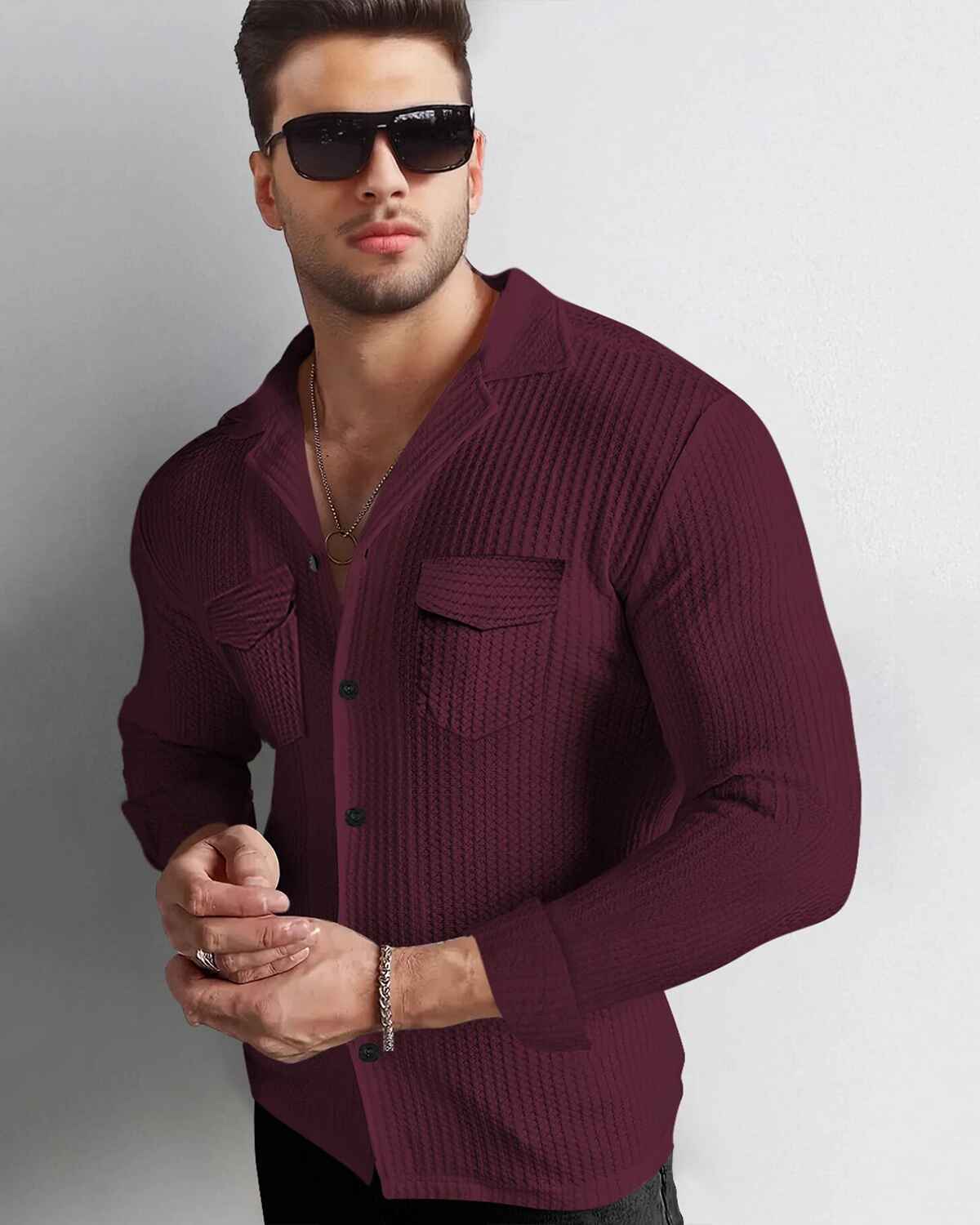 Men Full Sleeve Maroon Double Pocket Waffle Textured Shirt