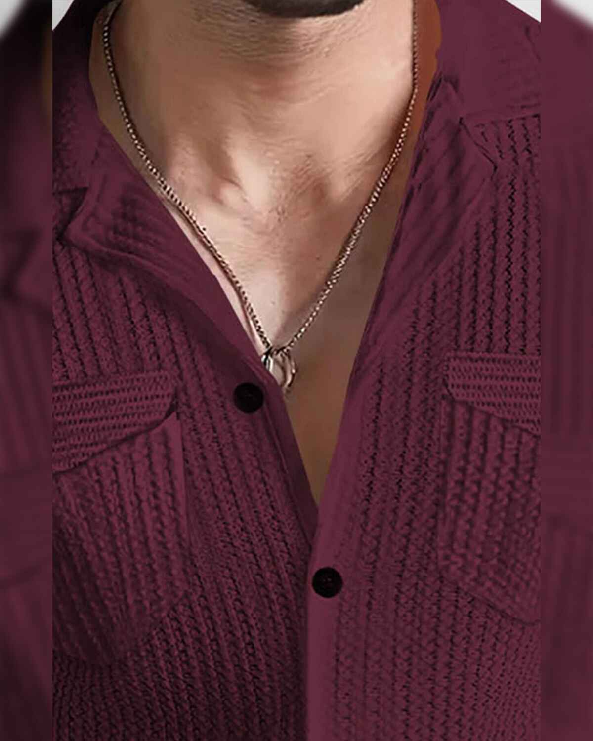 Men Full Sleeve Maroon Double Pocket Waffle Textured Shirt